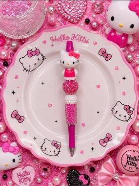 Handmade Kitty Pink and White Beaded Character Pen